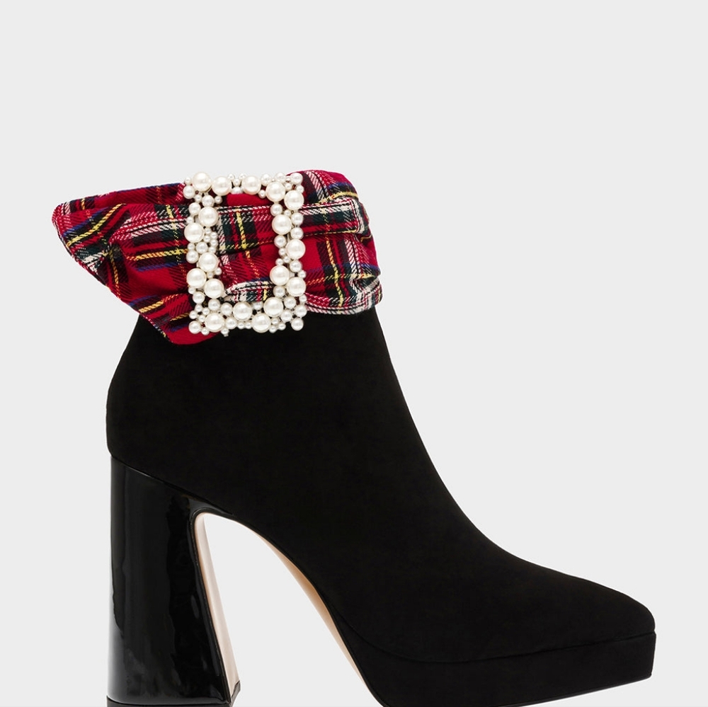 BETSEY JOHNSON Idris Dress Heel Ankle Booties Black/Red Multi Plaid-Size 10-New